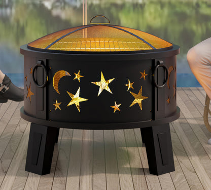 Kingson 26" Outdoor Fire Pit with Grill & Mesh Cover, Wood Burning Steel Firepit with Poker & Star Spark Screen, Heavy Duty Patio Fire Bowl for Backyard, Camping & Garden