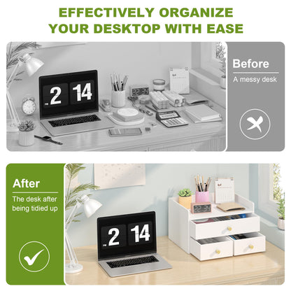 Bamboo Desk Organizer with Drawers Wooden Desktop Storage Drawers for Bills Office Supplies Kitchen Utensils Organizing Tool for Home Classroom Organization No Assembly (White, 3 Drawers)