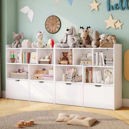 Garvee Toy Storage Organizer with Movable Drawers, Kids Bookshelf with Hidden Wheels & Open Cubbies, Multifunctional Floor Storage Chest for Playroom, White