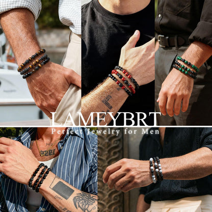 Lameybrt 8mm Men’s Bracelet Set Multi - Tiger Eye/Matte Agate/Lava Rock Gifts for Birthday/Anniversary/Christmas (G08 Malachite, One Size)