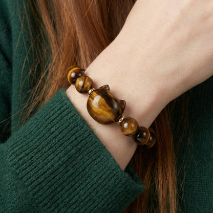 14K Gold Plated Natural Gemstone Bracelet, Handmade Lucky Cat Paw Charm Bracelet with Amethyst/Tiger Eye, Adjustable Elastic Band for Bracelet, Gift for Cat Owners & Daily Wear (Tiger eye)