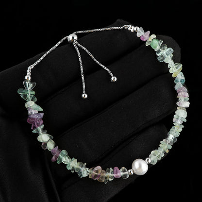 CRYSTALIS Natural Multi-Color Fluorite Beads Slider Bolo Bracelet with Elegant Pearl, Uncut Chips Nuggets Crystals, Chakra Healing Gemstone, Women Jewelry, 925 Sterling Silver Slider 10 inch