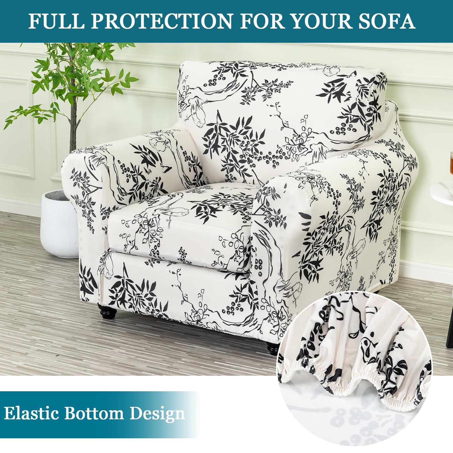 FUANGUI 2 Piece Chair Covers Stretch Arm Covers Chair Couch Covers, Armchair Slipcover with Separate Chair Cushion Cover, Floral Washable Chair Protector for Living Room (Armchair, Ink Pattern)