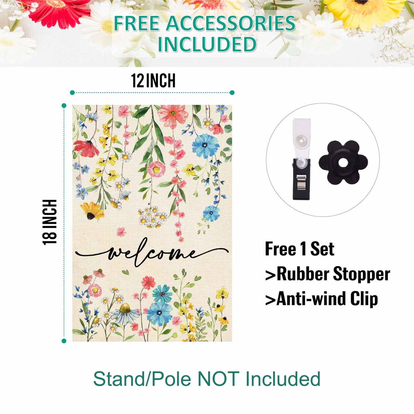 Baccessor Spring Welcome Floral Garden Flag 12.5x18 Inch Double Sided Summer Flower Yard Flag Outside Outdoor Seasonal Burlap Funny Flowers Flags Home Patio Decoration