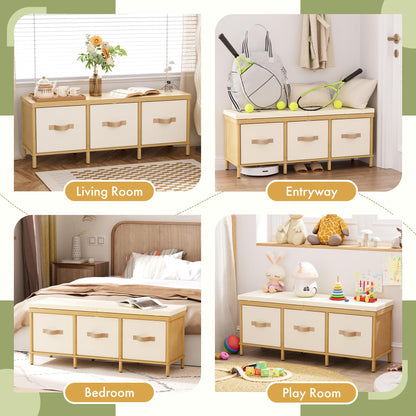 Atoping Storage Bench, 43.3" Bamboo Storage Chest with 3 Drawers, Entryway Bench with Cushioned Seat, End of Bed Bench with Storage Toy Box, Toy Chest Storage Bench for Entryway, Living Room, Bedroom