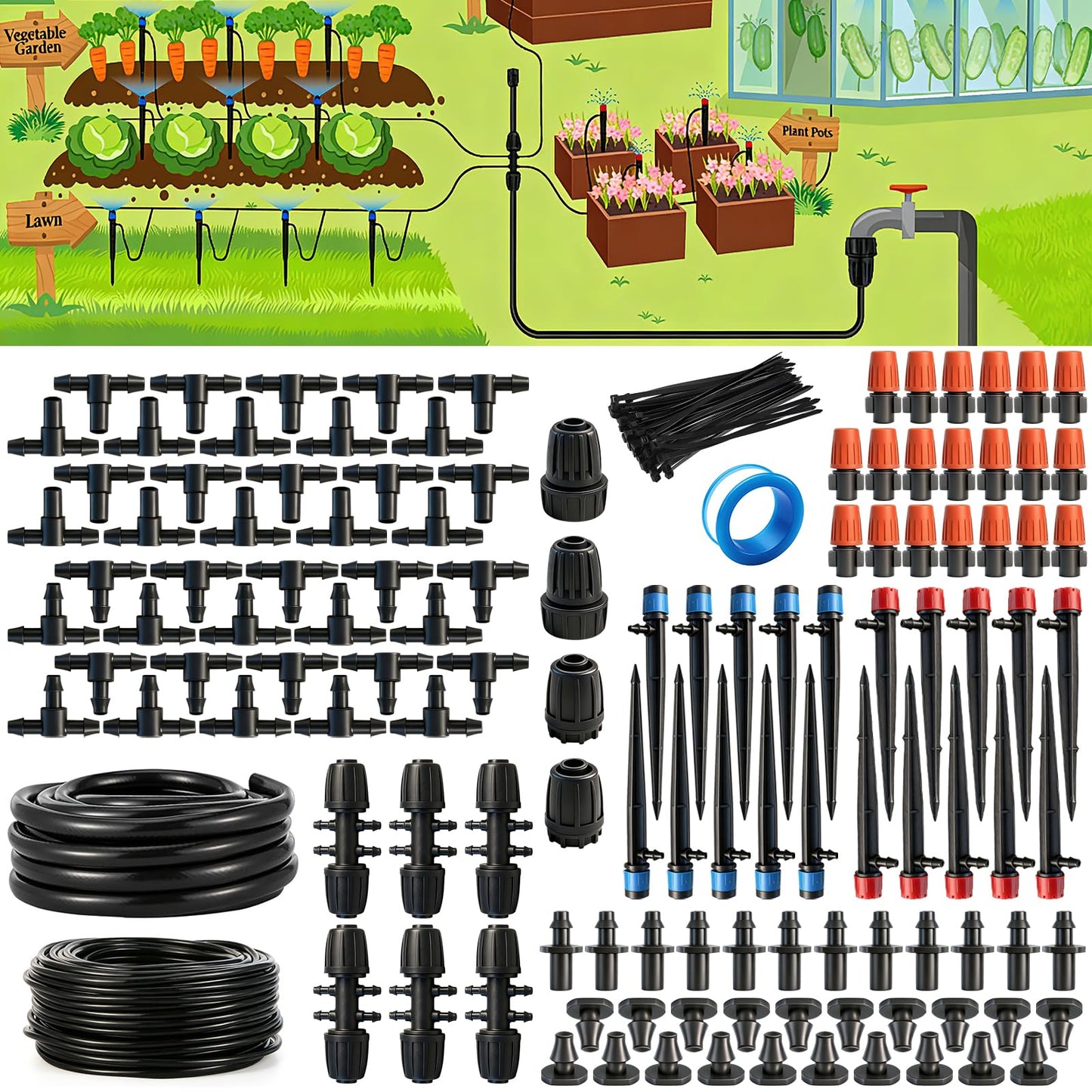 Aienxn 135PCS 240FT Drip Irrigation System Set, Automatic Drip Irrigation Kit for Greenhouse, Yard, Lawn, Plant, with 1/2 inch Hose, 1/4 inch Distribution Tubing and Accessories