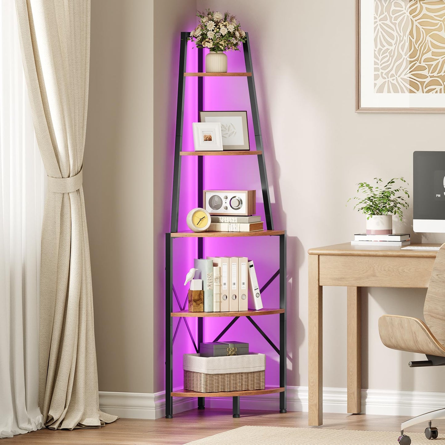 HOOBRO 5-Tier Corner Shelf with Lights, 67.9” Tall Corner Shelf Stand, Industrial Corner Bookshelf, Corner Plant Stand Display Shelf, for Living Room, Kitchen, Home Office, Rustic Brown BF120DCJ01