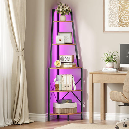 HOOBRO 5-Tier Corner Shelf with Lights, 67.9” Tall Corner Shelf Stand, Industrial Corner Bookshelf, Corner Plant Stand Display Shelf, for Living Room, Kitchen, Home Office, Rustic Brown BF120DCJ01