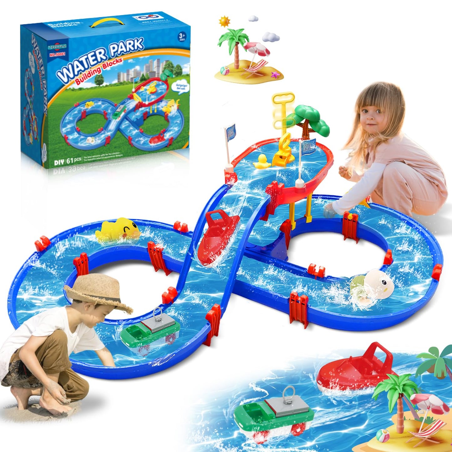 TERRAMUS 2-Tier Water Table Toys for Kids,61PCS Water Park Playset with Pump,Summer Water Toys Waterways for Backyard Beach Pool Lawn,Outdoor Toy for Toddlers 3-5 4-8,Gifts for Boys Girls