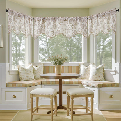 Ebesto Scalloped Valance for Windows - Faux Linen Textured Short Kitchen Valance with Tassels, Farmhouse Floral Printed Small Window Curtains for Bathroom Basement RV, 1 Piece, 52Wx18L Inches, Taupe