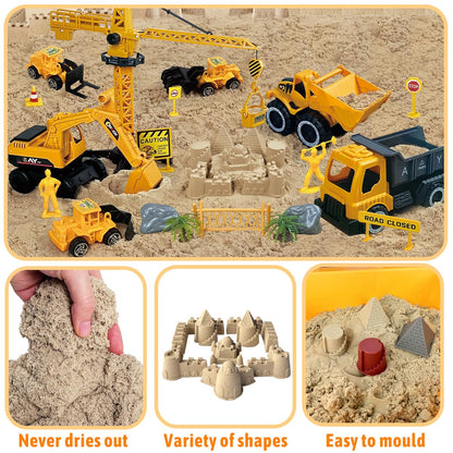 BEIREG Construction Sensory Sand Kit - 42 PCS Building Set with 2lbs Magic Sand, 9 Construction Trucks, Foldable Roof Sandbox, Cranes, Road Signs & Tools | STEM Gift for Boys Ages 3-8