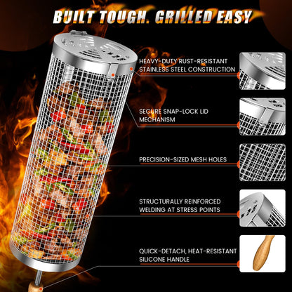 Rolling BBQ Basket for Outdoor Grill: Barbecue Smoker Grilling Baskets for Vegetable, Unique Birthday Christmas Gifts for Men Dad Husband 2pcs