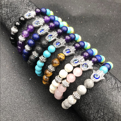 BOMAIL 9pcs Evil Eye Bracelet Set Hamsa 7 Chakra Gemstone Lava Stone Bracelets Blue Evil Eye Hamsa Charm Bead Bracelets for Men Women Hand of Fatima Bracelet