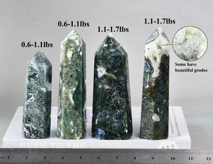 AMOYSTONE Large Healing Crystal Obelisk Towers Moss Agate Point Wand Home Decor Reiki Healing 1.1-1.7 LBS