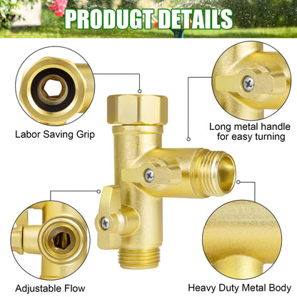 Breezliy Heavy Duty Metal 2 Way Type Garden Hose Splitter,3/4" 1.6MPa High Flow Spigot Faucet Connectors,with Shut-Off Valves, Comfort Grip,with washers&tape