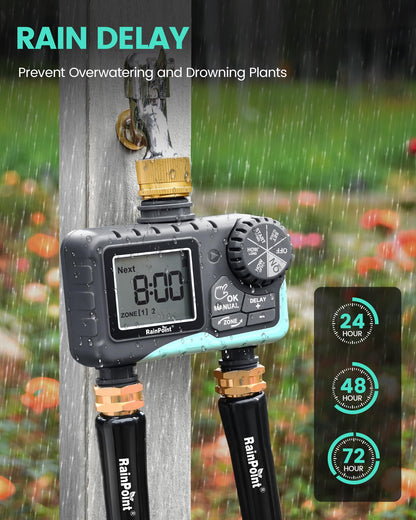 RAINPOINT Sprinkler Timer 2 Outlet, Water Timer for Garden Hose, for Yard Outdoor Watering, Rain Delay/Manual/Automatic System Controller Brass Inlet, V2