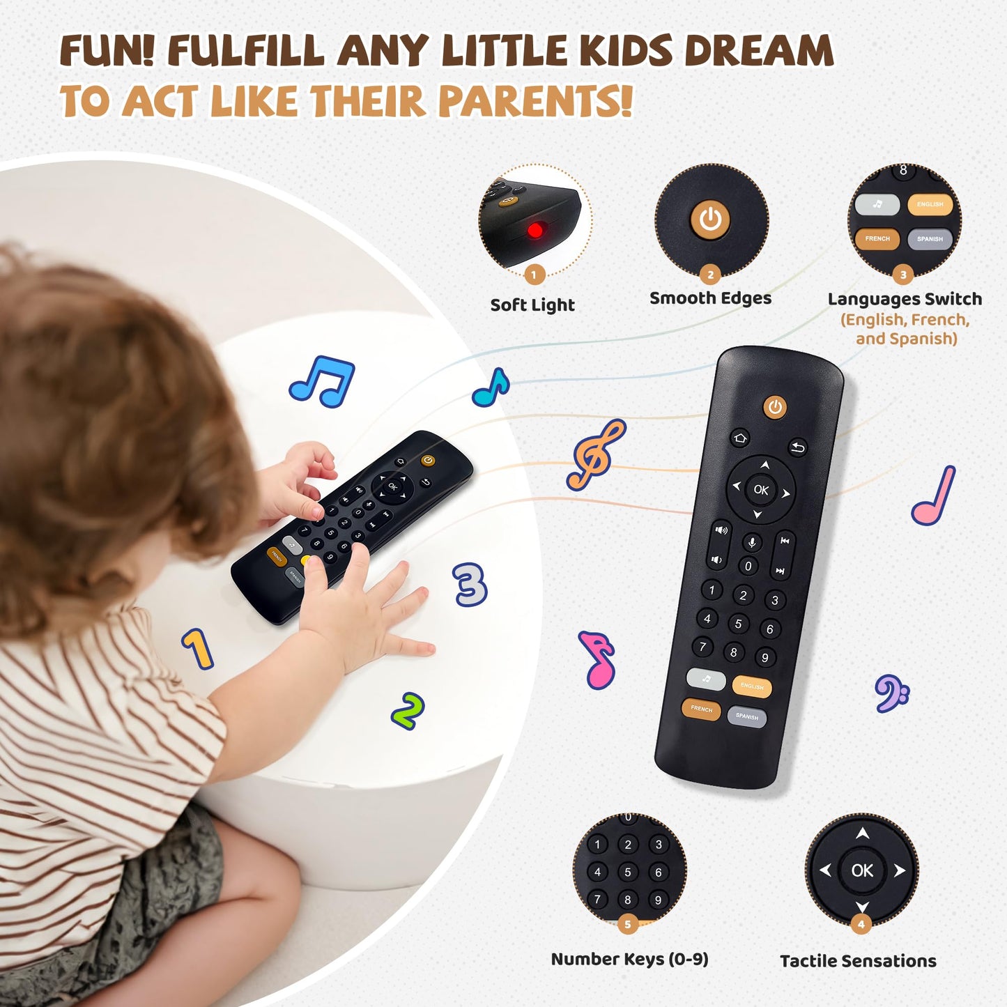 Baby TV Remote Toy - Realistic Play Remote toy with Lights and Sounds, 3 Languages (English, Spanish & French), Learning Musical Toys, Preschool Infant Boys Girls Toys Gift for 1 2 Year Old, Black.