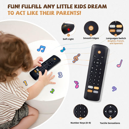 Baby TV Remote Toy - Realistic Play Remote toy with Lights and Sounds, 3 Languages (English, Spanish & French), Learning Musical Toys, Preschool Infant Boys Girls Toys Gift for 1 2 Year Old, Black.