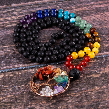 Bivei 108 Mala Beads Necklace Tree of Life 7 Chakra Wrap Bracelet Real Healing Gemstone Yoga Meditation Hand Knotted Mala Prayer Bead Necklace(Lava Rock Stone 6mm)