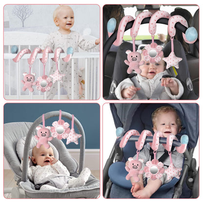 SAMMAS Car Seat Toys, Infant Baby Pink Pig Spiral Activity Hanging Toys Stroller Toys for Car Seat Stroller Bar Crib Bassinet Mobile with Mirror BB Squeaker and Rattles