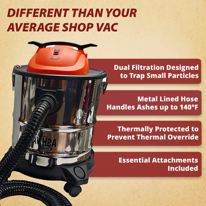 Pellethead Ash Vault Pro | 10-Amp Ash Vacuum for Fireplaces, Pellet Stoves & BBQs – 5-Gal Capacity, Dual HEPA, Heat-Resistant Hose, Steel Tank