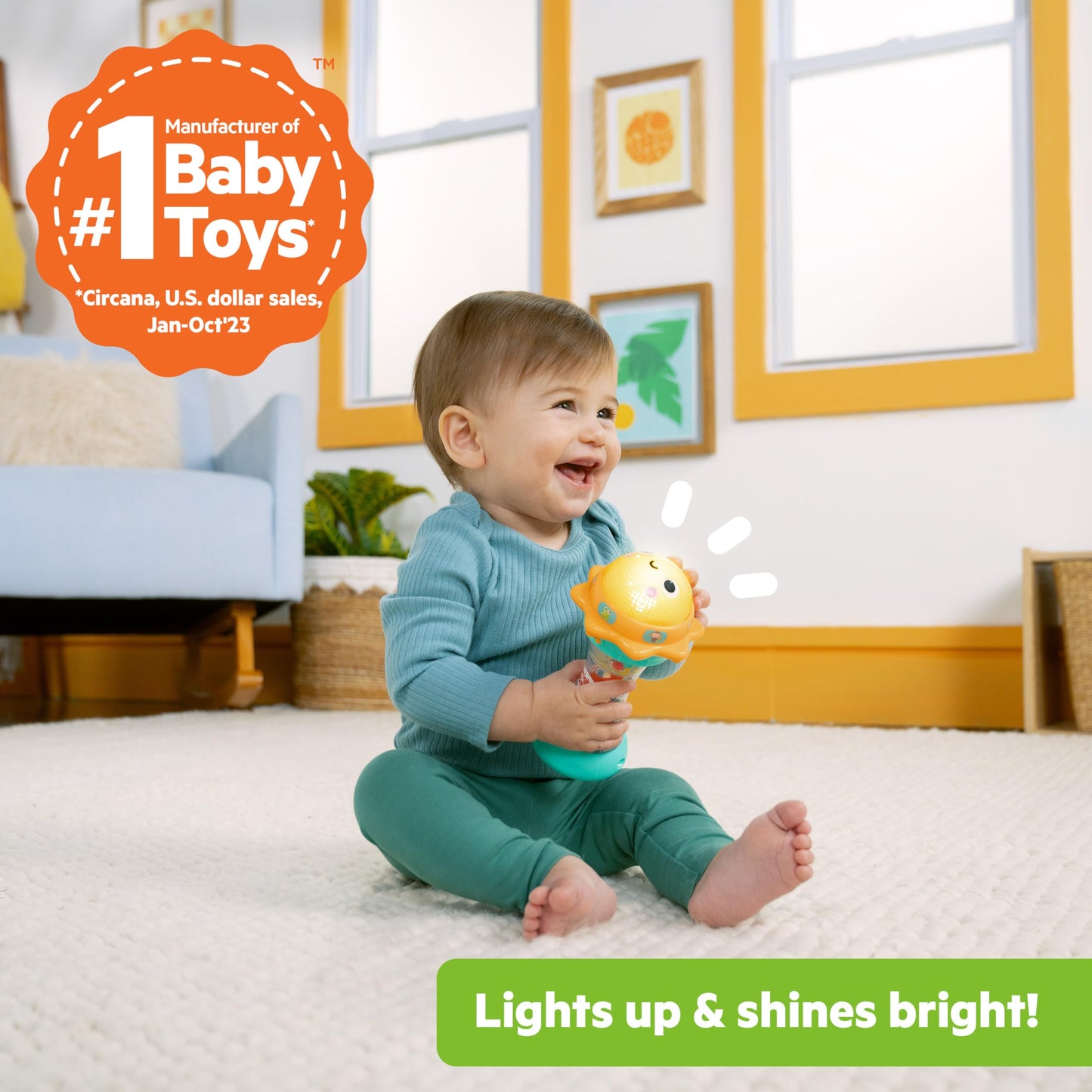 Bright Starts Just for Sun Flashlight Toy with Animal Sounds, Rainstick Rattle Beads and Mirror, Unisex Toy for Ages 6 Months+