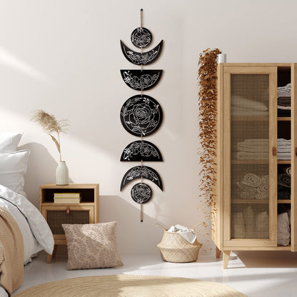 BBTO Boho Wall Decoration Moon Phases Wall Art Stars Moon Decoration Minimalist Room Wooden Gothic Witchy Door Pediments Hanging Sign(Black, White)
