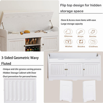 Kogven Shoe Bench,Entryway Storage Bench with Lift Top Cushion Seat & Hidden Space, Bedroom End of Bed Bench with 3-Sided Geometric Wavy Fluted for Hallway, Vintage White
