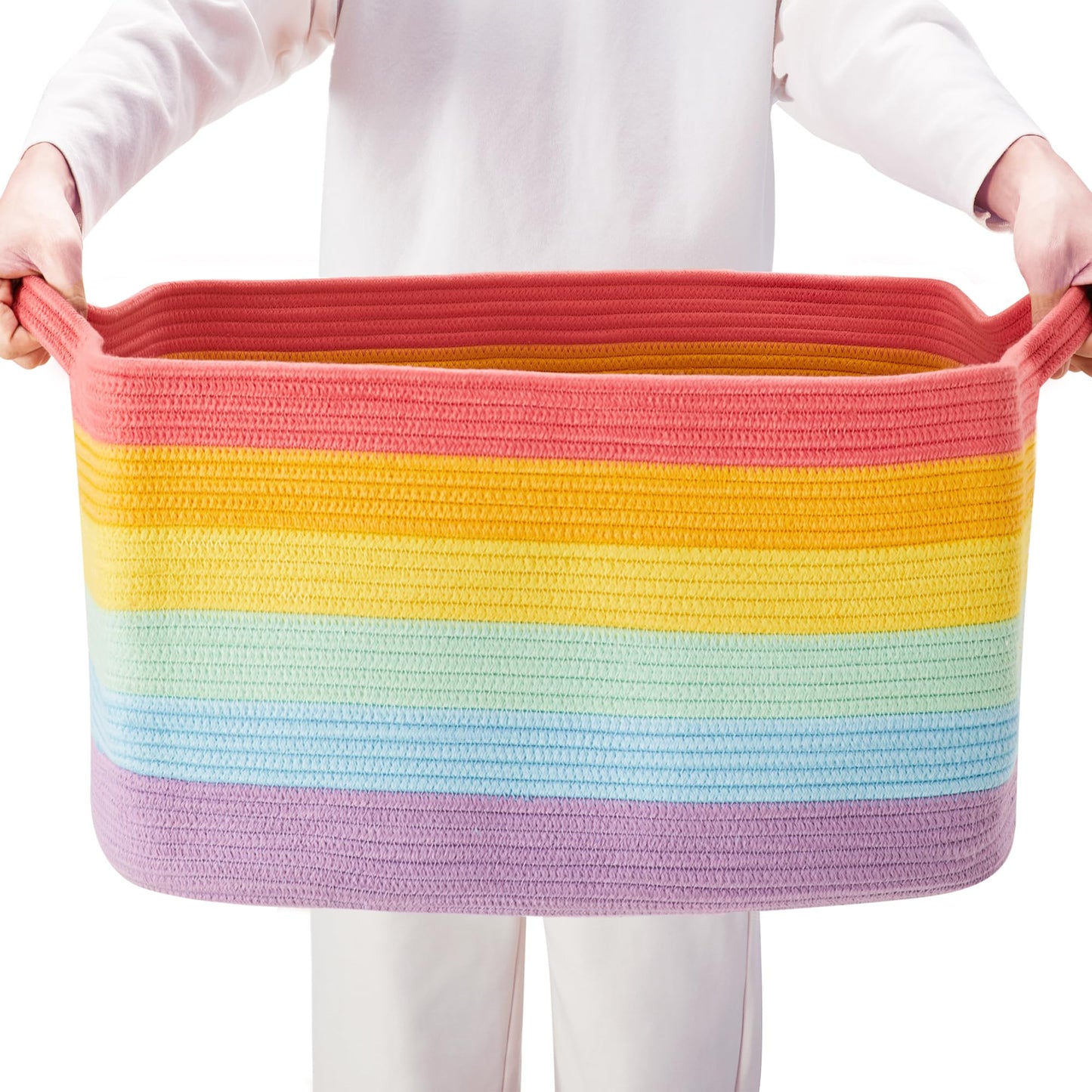 ENAORGAN 75L Extra Large Rainbow Cotton Rope Storage Basket for Blanket Toy Box for Girls Woven Rectangle Basket for Baby Kids Nursery Clothes Laundry Toy Storage in Living Room Bedroom
