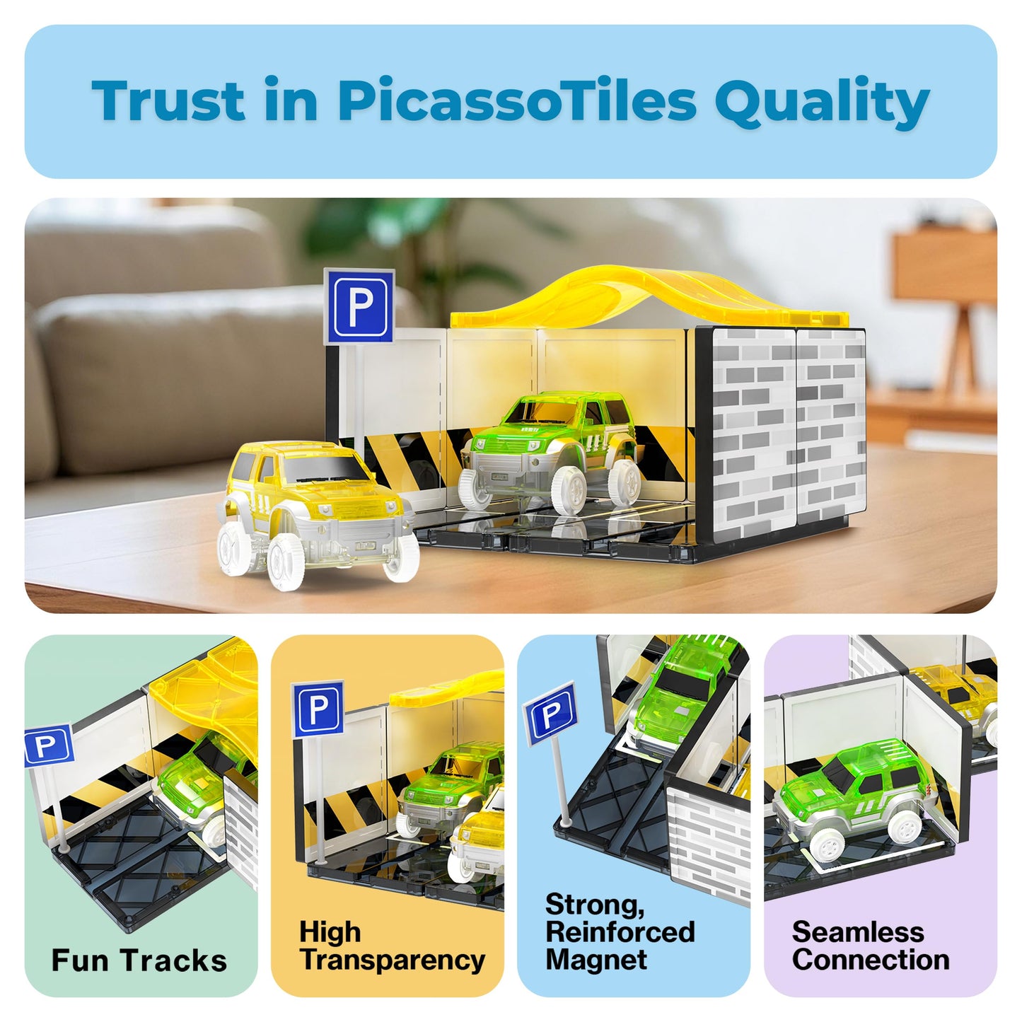 PicassoTiles Magnetic Tiles Race Car Track Kit Parking Garage Expansion Pack with 2 Cars Magnet Tile Building Blocks Educational Toy Learning Kit Pretend Play Construction Set Kids Child Ages 3+ PTR07