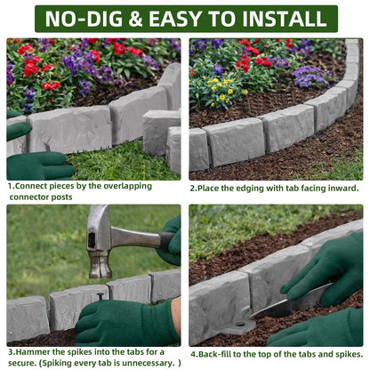 Landscape Edging Faux Stone Garden Edging Border,17FT x 2.75 in Tall Decorative Stone-Look Garden Border for Flower Bed Edging,Lawn,Landscaped Yard,Trees and Gardens,with Anchoring Spikes,Gray