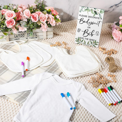 Hoosige 43 Pcs Baby Shower Games White Bodysuit Decorating Kit Bibs Design Games Prizes, Include Wooden Game Sign with 15 Blank White Bibs 15 Bodysuit 12 Marker for Shower