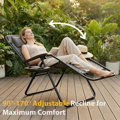 NEWBULIG Zero Gravity Chair Set of 2, Lounge Chair Folding Portable Adjustable Camping Reclining Chairs with Adjustable Pollow, Mesh Back, Cup Holder Trays Lawn Patio Chair for Pool Beach - Grey