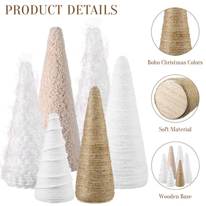 VercanMonth 6 Pcs Christmas Yarn Cone Trees Rustic Farmhouse Christmas Neutral Boho Cone Trees Tabletop Centerpiece Mantle Tree Table Decoration for Winter Holiday Tiered Tray, 8 Inch 7 Inch 5 Inches