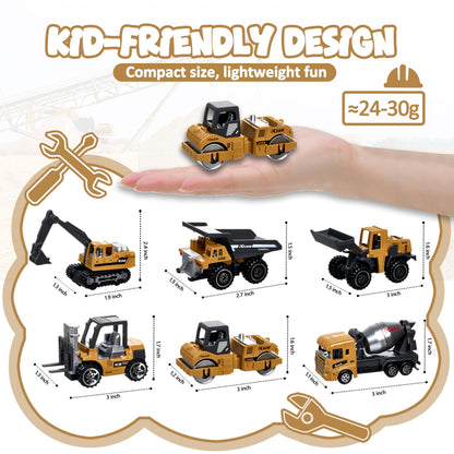 Construction Trucks Vehicles, 6Pcs Die-cast Construction Toys Set, Toys for Boys, Mini Excavator Mixer Truck Bulldozers Forklift Dump Truck,Roller, Car Playset Gift for Boys Age 3-9