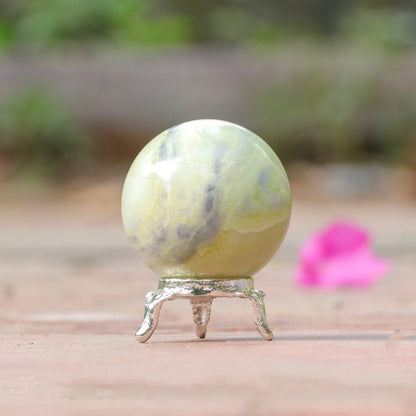 Crocon Serpentine Stone Sphere Ball with Metal Stand - 1400+ Carats Healing Sphere Sculpture for Fengshui, Home Decoration, Photography