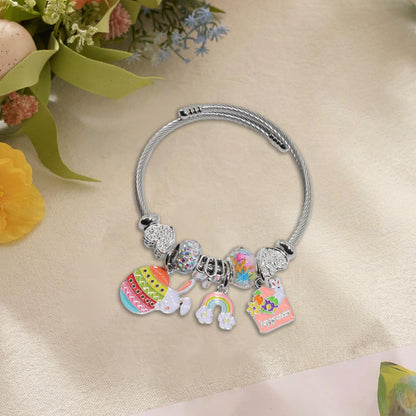 QMWKVNC Easter Charm Bracelets for Womens,Exquisite Cute Cartoon Friendship Silver Bracelets Stainless Steel Bangle, Womens Jewelry Suitable for Holiday Gifts and Birthday Gifts