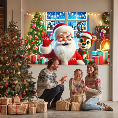 BlissYard Christmas Holiday Backdrop Santa Claus Reindeer Gifts Fireplace 71x43 Inch Photography Background Banner for Winter Party Decorations Cozy Event Home Decor Large Photo Booth Prop