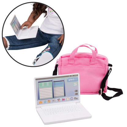 Dress Along Dolly Metal Laptop for 18-Inch Dolls - Premium Heavy-Duty Doll Computer with Pink Carrying Bag - Fits American Girl & Our Generation - Durable Metal School Accessory
