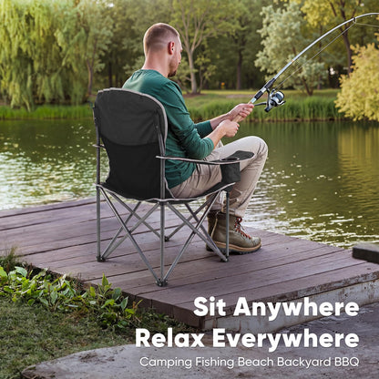 DUMOS Oversized Camping Chair for Adults, Heavy Duty 500 LBS Support Folding Outdoor Chair with Side Cooler Bag, Cup Holder, for Camp Beach Garden, Back Bag, Thicken 300D Oxford, Black