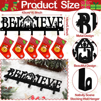 Cinnvoice Nativity Christmas Stocking Holder for Wall with 5 Hangers Metal Christmas Stocking Wall Hanger Mantel Rack Hanging Mount Hook for Holiday Xmas Fireplace Decoration, Black(Believe)