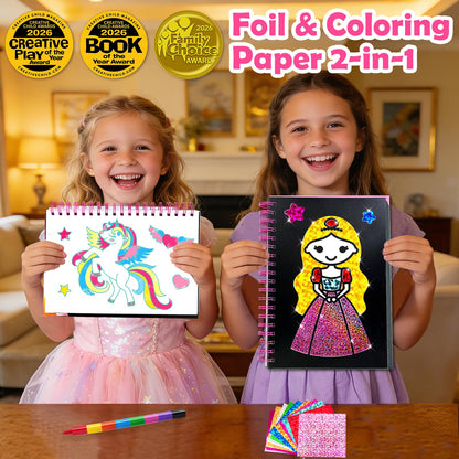FUNNYB&G Foil Art Craft Kit for Girls 4-10 Years Old: Mess-Free & No-Glue, Create 16 Sparkly Princess Unicorn Pictures – Perfect Travel Toy & Birthday Gift for Kids (Princess)