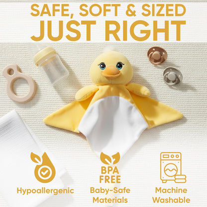 Love By Emi 4 in 1 Baby Lullaby Sleep Soother Toy - Stuffed Animal Sound Machine & Pacifier Holder | Heartbeat White Noise & Music | Plush Yellow Duck Lovey Sleep Aid Security Blanket (0-3 Years)