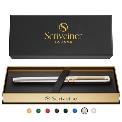 Scriveiner Silver Chrome Rollerball Pen - Stunning Luxury Pen, Real Gold Plating, Schmidt Ink Refill, Best Roller Ball Pen Gift Set for Men & Women, Professional, Executive Office, Fancy Pens