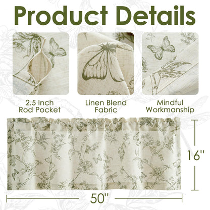 Lazzzy Green Floral Valance Curtain Linen Farmhouse Valance for Kitchen Living Room Bedroom Country Valances Window Treatments Small Window Cafe Curtain 16 Inch Rod Pocket 1 Panel Green on Beige