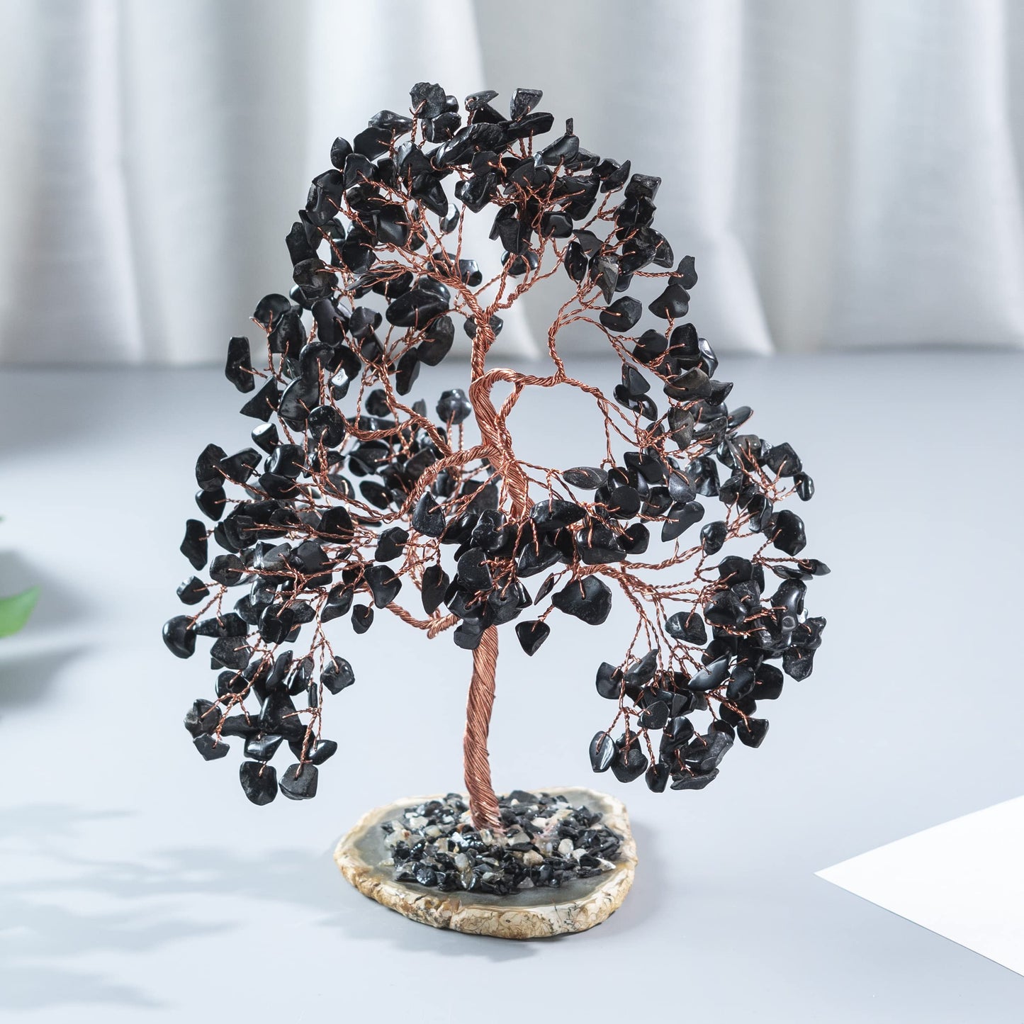 Crocon® Black Tourmaline Gemstone Tree Geode Agate Slice Base, Handmade Crystal Tree for Positive Energy, Attract Good Luck, Chakra Tree of Life, Black Healing Stone for Root Chakra, Meditation Gift