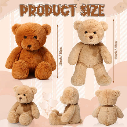 Wettarn 2 Pack Plush Teddy Bear Stuffed Animal 18 Inch Cuddly Stuffed Bears Plush with Bow for Kids Easter Birthday Children's Day Baby Shower Gifts Party Favor Decors(Light Brown, Dark Brown)