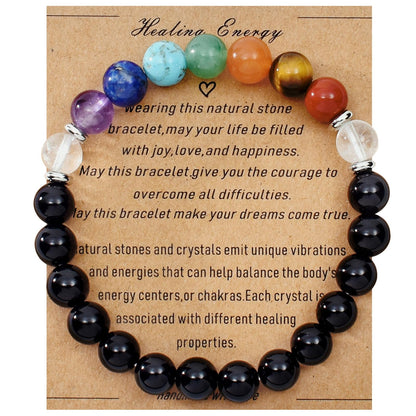 Ayriwoyi 7 Chakra Bracelet For Women Healing Crystal Black Agate Beaded Stone Bracelet 6.5 inch Anxiety Bracelets for women Crystals and Healing stones