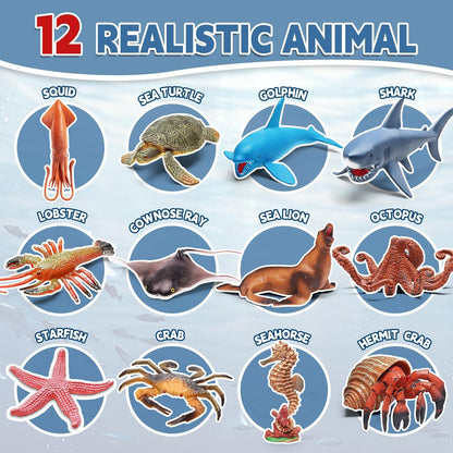 12Pack Ocean Animal Toy for Kid with Sound Book(On/Off), Gift Box, Realistic Sea Creature Figure, Educational Plastic Under the Sea life for Toddler, Birthday Party Favor, Water Table Toy for Boy Girl