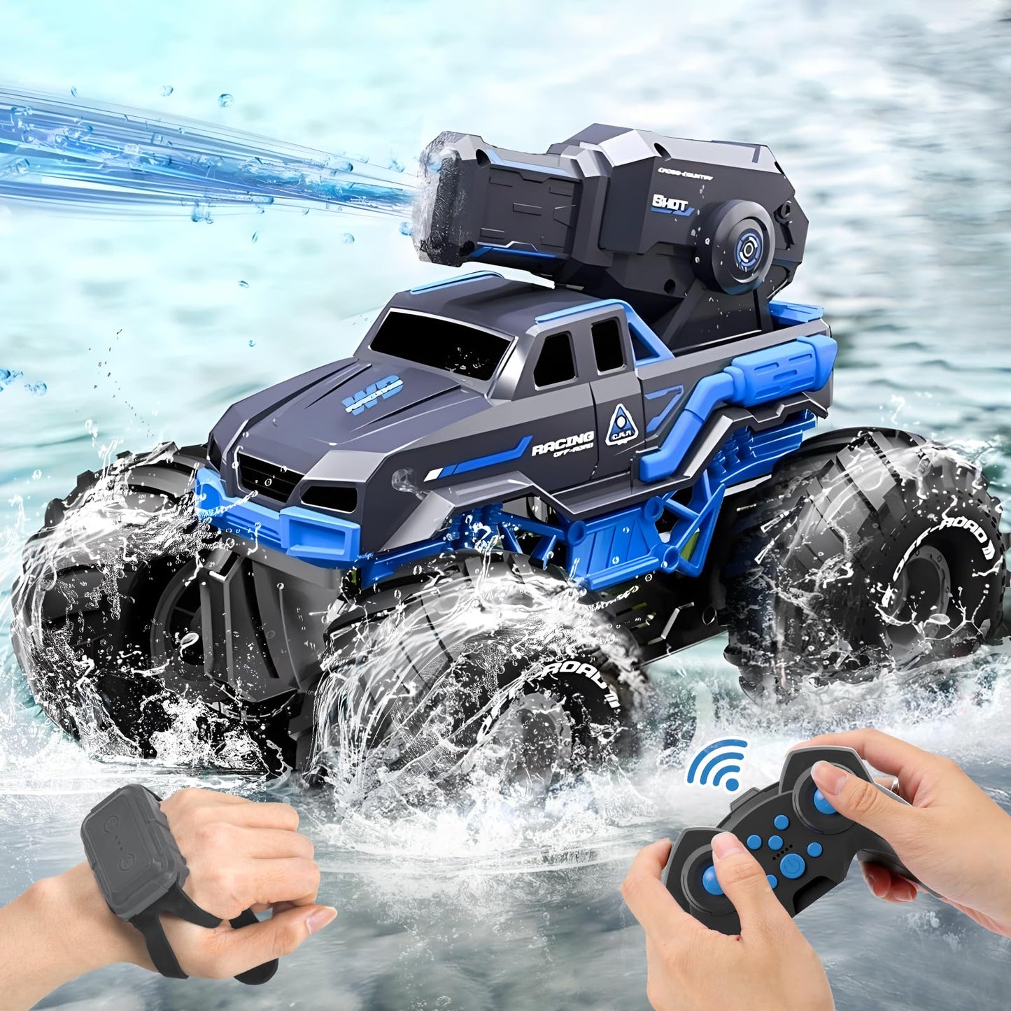Amphibious Remote Control Car Boat Water Squirt RC Tank 2.4GHz Gesture Sensor 4WD Monster Truck Waterproof RC Car for 6 7 8 9-12 Kids Girls Boys Gift Beach Pool Water Toy With 2 Replaceable Batteries